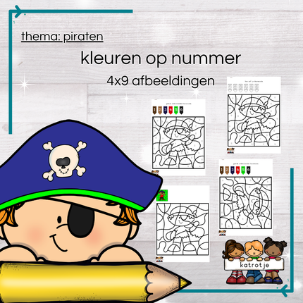 piraten: kleuren op nummer (4x9 afbeeldingen)