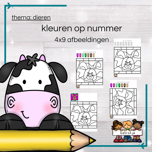 dieren: kleuren op nummer (4x9 afbeeldingen)