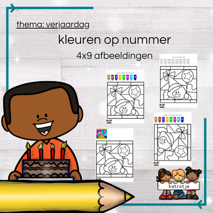 verjaardag: kleuren op nummer (4x9 afbeeldingen)