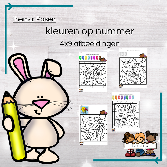 Pasen: kleuren op nummer (4x9 afbeeldingen)