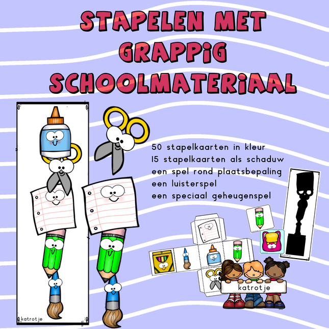 stapelen met grappig schoolmateriaal