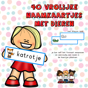 40 vrolijke naamkaartjes met dieren (blauwe rand)