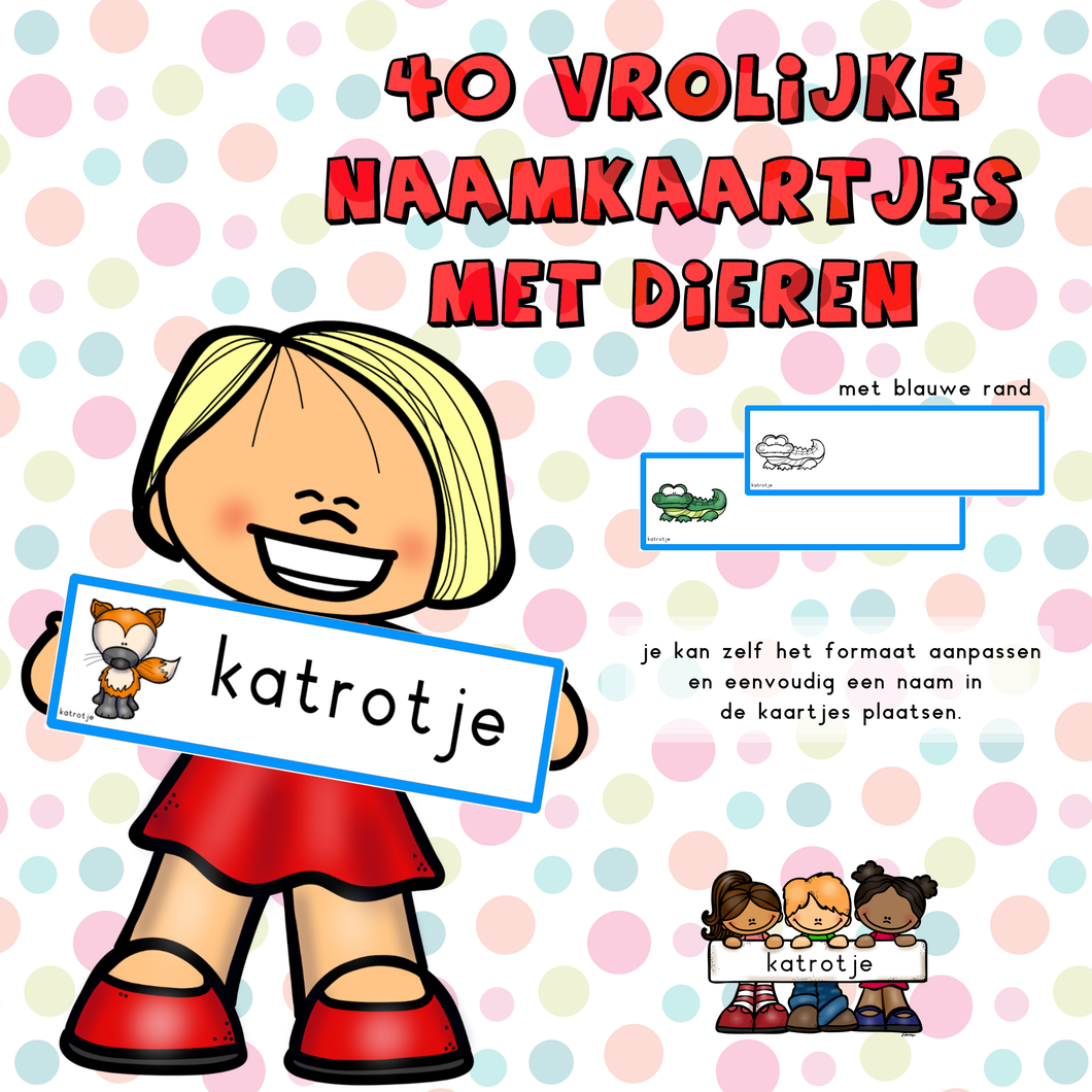 40 vrolijke naamkaartjes met dieren (blauwe rand)