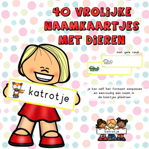 40 vrolijke naamkaartjes met dieren (gele rand)