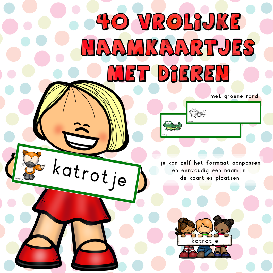 40 vrolijke naamkaartjes met dieren (groene rand)