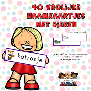 40 vrolijke naamkaartjes met dieren (paarse rand)