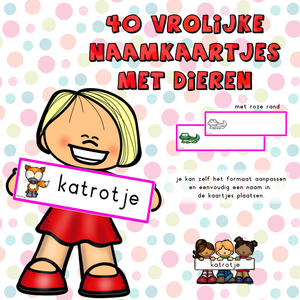 40 vrolijke naamkaartjes met dieren (roze rand)