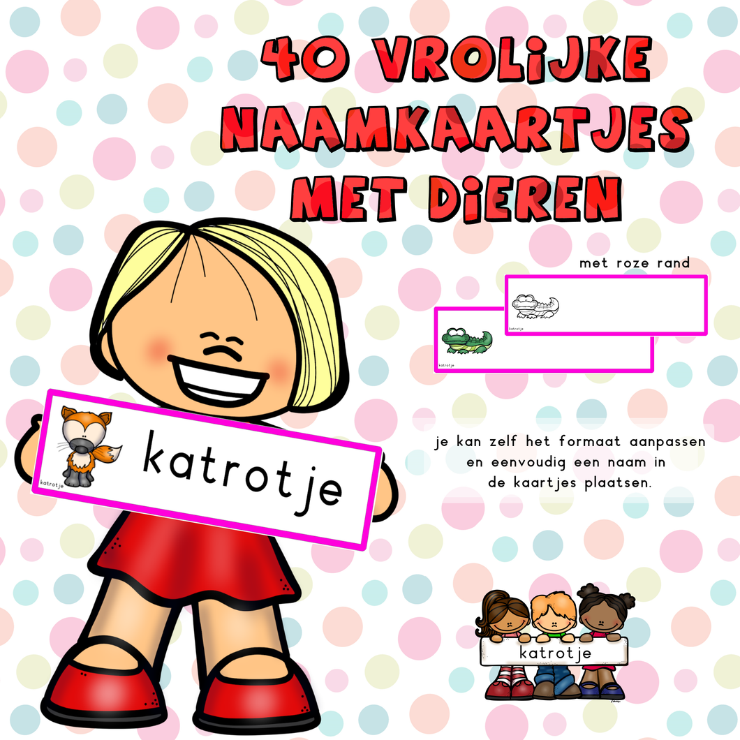 40 vrolijke naamkaartjes met dieren (roze rand)
