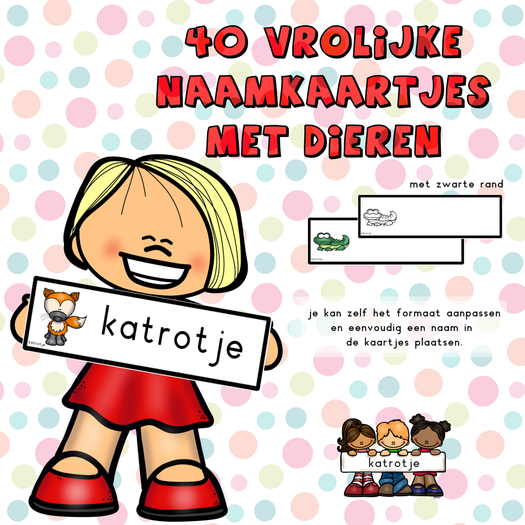 40 vrolijke naamkaartjes met dieren (zwarte rand)