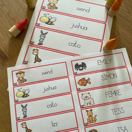 naamkaartjes met dieren (rode rand)