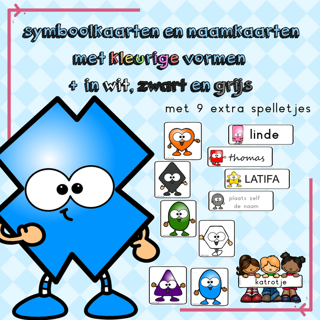 symboolkaarten en naamkaarten met kleurige vormen en spelideeën