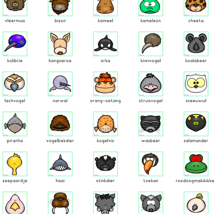 naamkaartjes en symboolkaartjes met speciale dierenhoofden (groene rand)