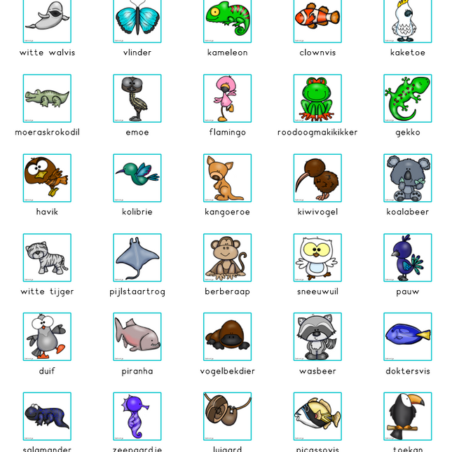 naamkaartjes en symboolkaartjes met speciale dieren (groene rand)