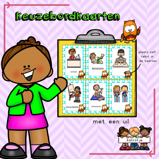 keuzebordkaarten in kleur met een uil