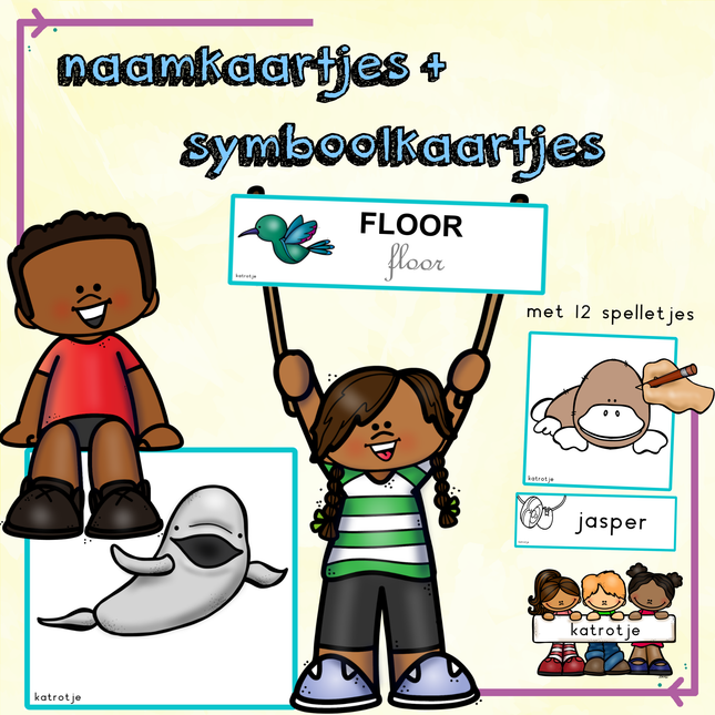 naamkaartjes en symboolkaartjes met speciale dieren (turkooise rand)